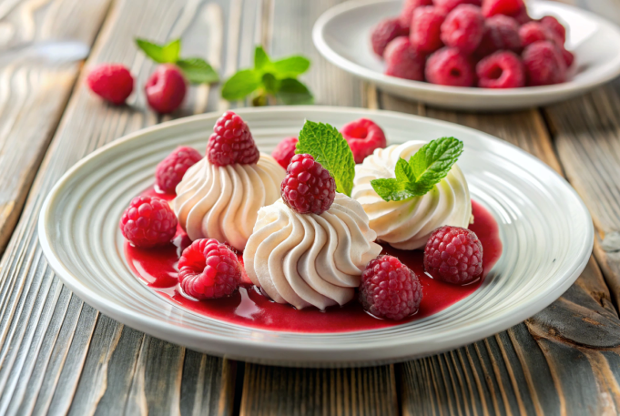 Marshmallows in raspberry sauce